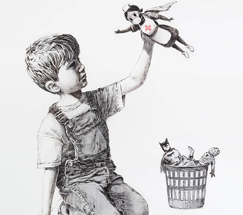 Banksy daroval anglické nemocnici svou kresbu, na které vzdává hold zdravotníkům